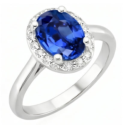Oval & Round Cut Ceylon Sapphire With Natural Earth Mined Diamond Ring 2.80 Carat WG 14K