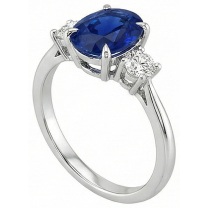 Oval & Round Natural Earth Mined Diamond 3 Stone Ring Sri Lankan Sapphire 3.50 Carats Gold