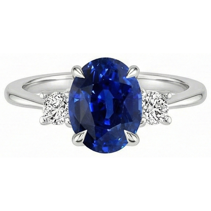 Oval & Round Natural Earth Mined Diamond 3 Stone Ring Sri Lankan Sapphire 3.50 Carats Gold