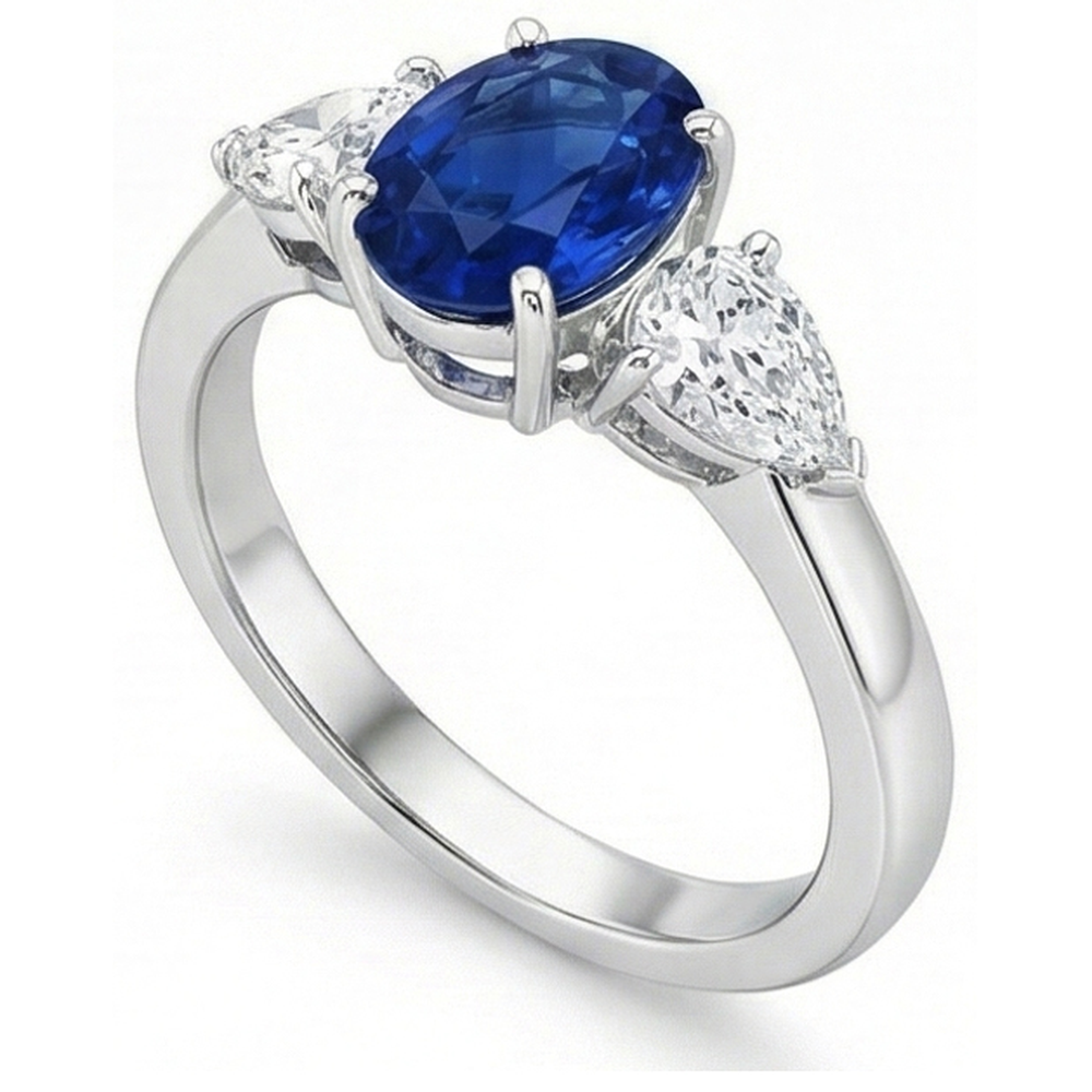 Oval And Pear Cut 3.50 Ct Sapphire And Natural Earth Mined Diamonds Ring White Gold 14K