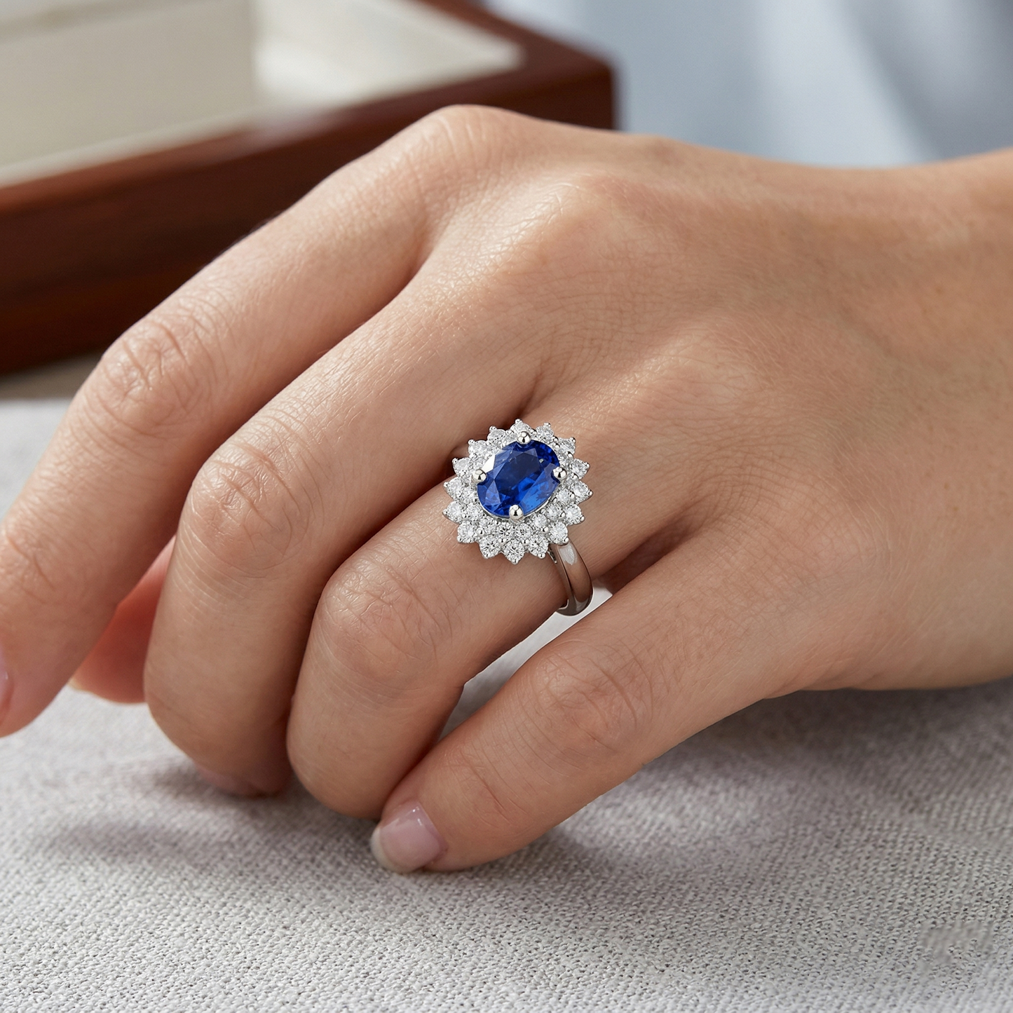 Oval And Round Cut 4 Ct Sri Lanka Sapphire Natural Earth Mined Diamonds Halo Ring