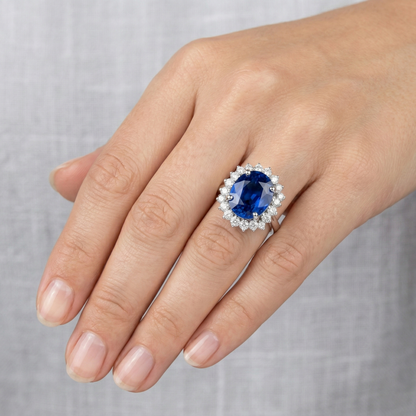 Oval And Round Cut Ceylon Color Sapphire 8.01 Carat IGI CERTIFIED Diamonds Ring WG 14K