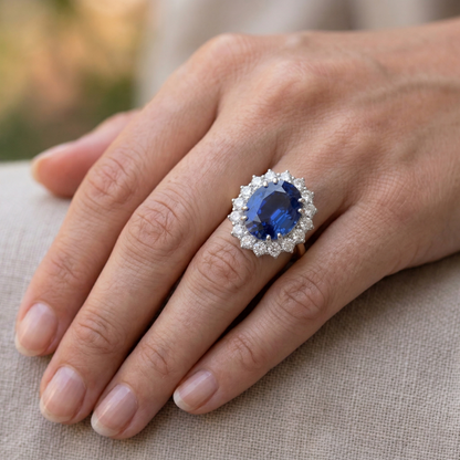 Oval Ceylon Sapphire Natural Earth Mined Diamonds 8.51 Ct Ring Two Tone White Gold 14K