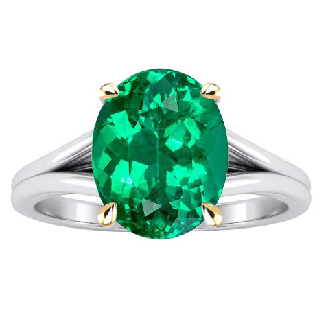 Oval Colombian Green Emerald Solitaire Ring With Split Shank