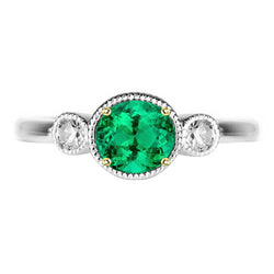 Natural Real ( Not Lab Grown ) Oval Green Emerald GIA And Diamond Ring 3 Stone Milgrain