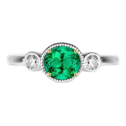 Oval Green Emerald And Diamond Ring 3 Stone Milgrain