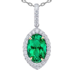 Natural Real ( Not Lab Grown ) Oval Green Emerald GIA Birthstone Pendant Halo Necklace