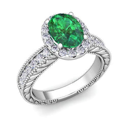 Oval Green Emerald Natural Earth Mined Diamond 3.50 Carats Gemstone Ring 14K White Gold
