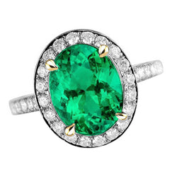 Natural Real ( Not Lab Grown ) Oval Green Emerald GIA Halo Ring Black, White, And Yellow Gold 14K