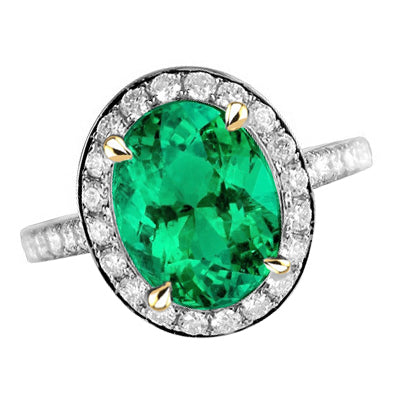 Oval Green Emerald Halo Ring Black, White, And Yellow Gold 14K