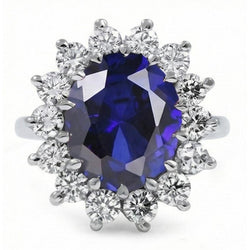 Oval Kashmir Sapphire And Natural Earth Mined Diamonds 5.50 Carats Wedding Ring 14K White Gold