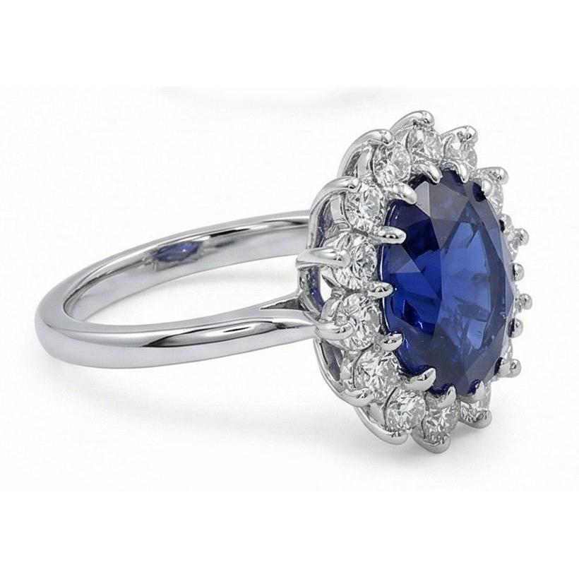 Oval Kashmir Sapphire And Natural Earth Mined Diamonds 5.50 Carats Wedding Ring 14K White Gold