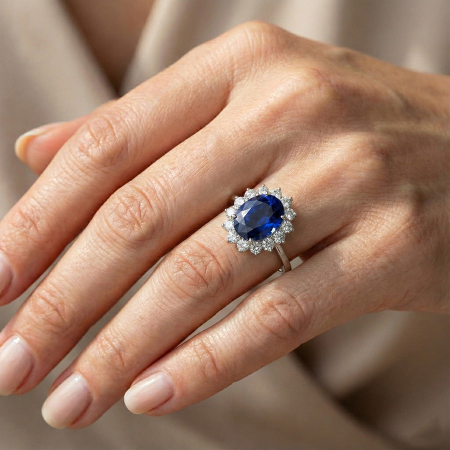 Oval Kashmir Sapphire And Natural Earth Mined Diamonds 5.50 Carats Wedding Ring 14K White Gold