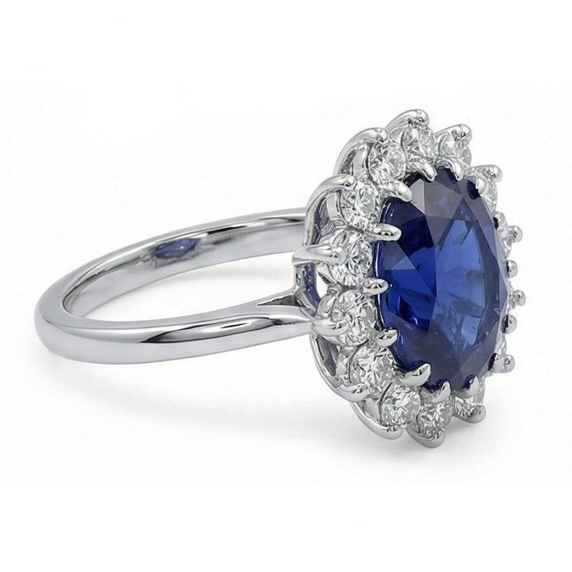 Oval Kashmir Sapphire And Natural Earth Mined Diamonds 5.50 Carats Wedding Ring 14K White Gold
