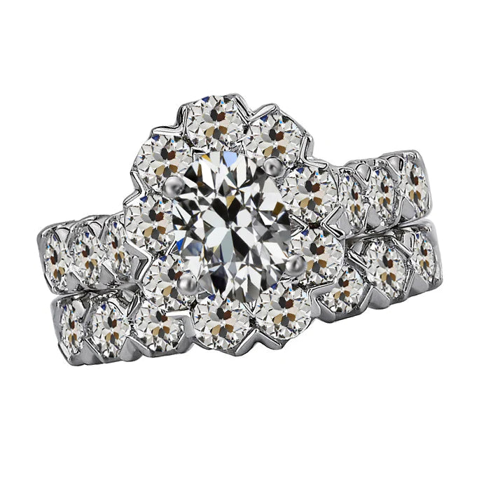 Oval Old Cut 8 Carats Halo Diamond Wedding Ring Set