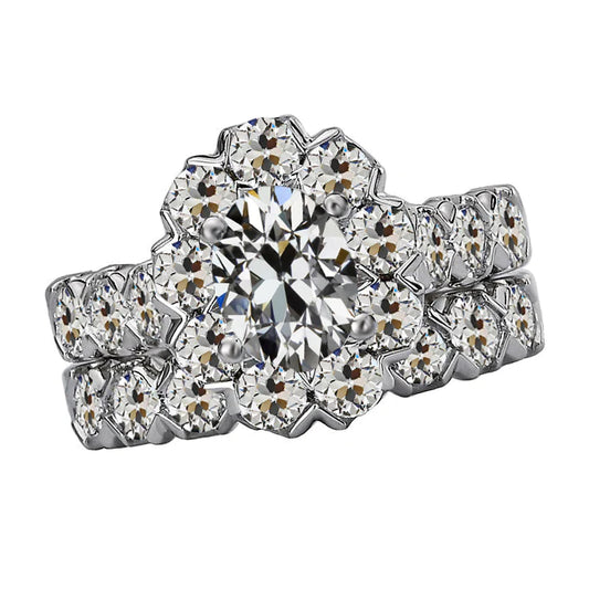 Oval Old Cut 8 Carats Halo Diamond Wedding Ring Set
