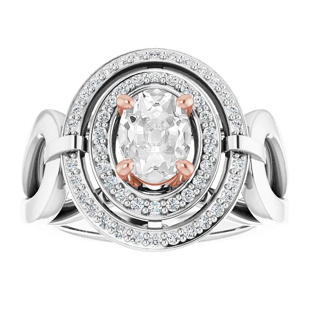 Oval Old Cut Diamond Double Halo Ring Prong Set 4.50 Carats Two Tone