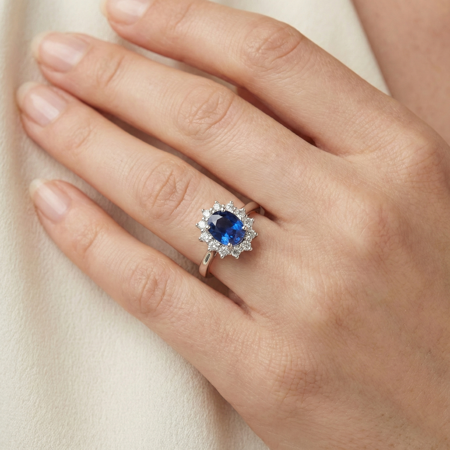 Oval Sapphire And Natural Earth Mined Diamond Fancy Ring 1.55 Carats White Gold 14K