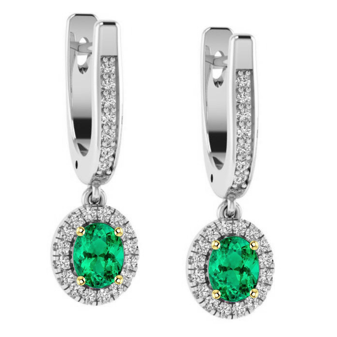 Oval Shape Halo Dangle Earrings Green Emeralds With Latch Back