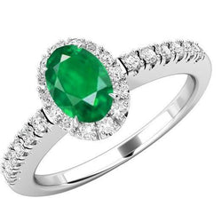 Oval Colombian Green Emerald & Round Natural Earth Mined Diamond 3.65 Carats Gemstone Ring White Gold 14K
