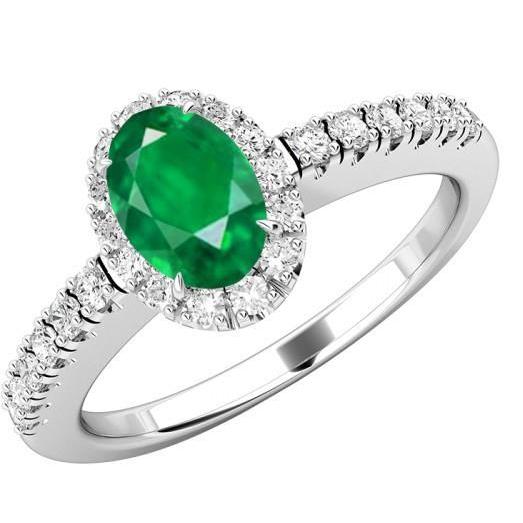 Oval Colombian Green Emerald & Round Natural Earth Mined Diamond 3.65 Carats Gemstone Ring White Gold 14K