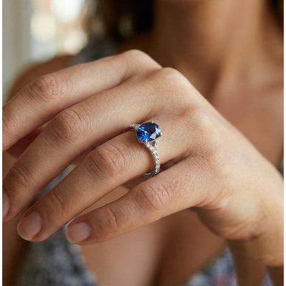 Natural Real ( Not Lab Grown )  Oval Gemstone Ring Deep Blue Sapphire With Accents Jewelry 3.75 Carats