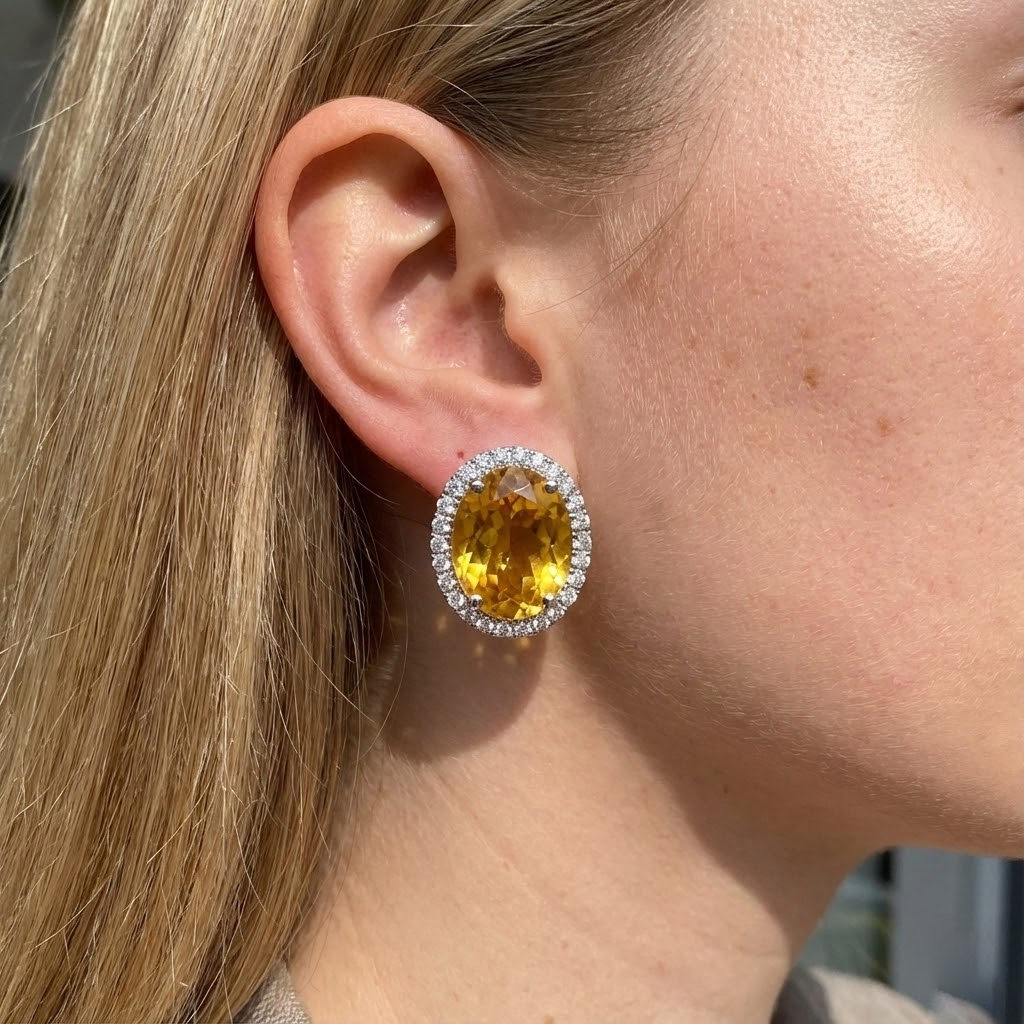 natural round citrine 45.50ct earring close up detail