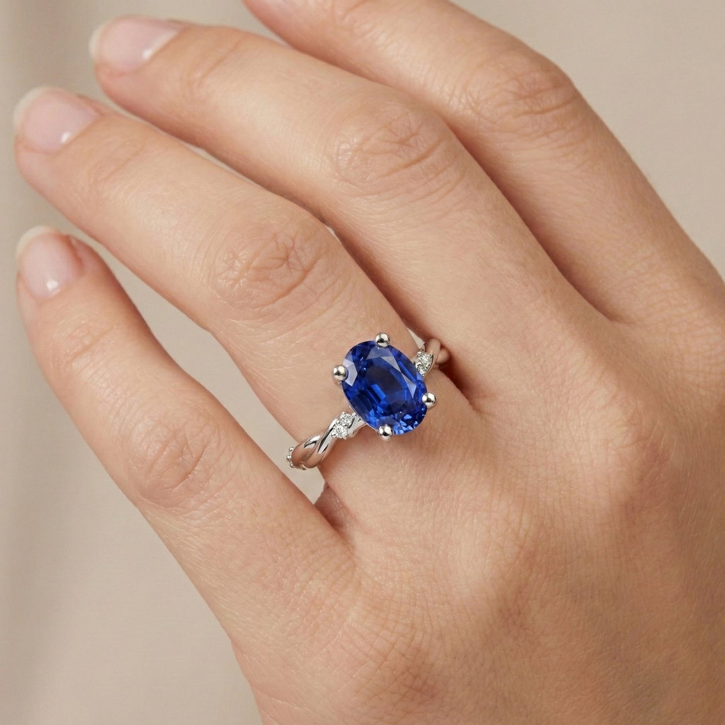Natural Real ( Not Lab Grown )  Oval Solitaire Blue Sapphire With Accents Ring Twist Style 3.50 Carats