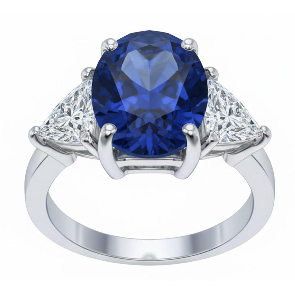 Oval Sri Lanka Sapphire Trillion Natural Earth Mined Diamonds 3 Stone Ring 6.01 Carats