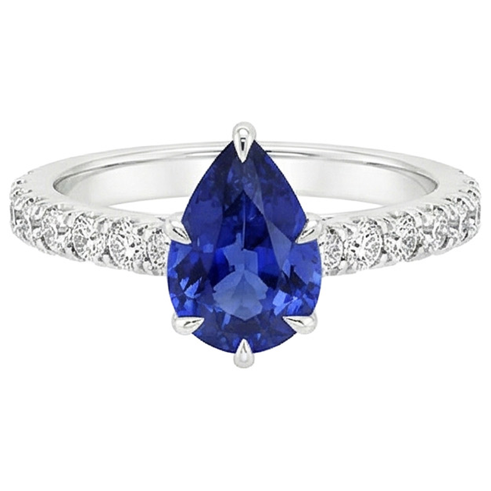 Pave Natural Earth Mined Diamond Engagement Ring Prong Set Pear Blue Sapphire 5.50 Carats