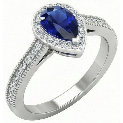 Natural Real ( Not Lab Grown )  Pear Blue Sapphire Ring 2.50 Carats Sparkling Halo Diamonds