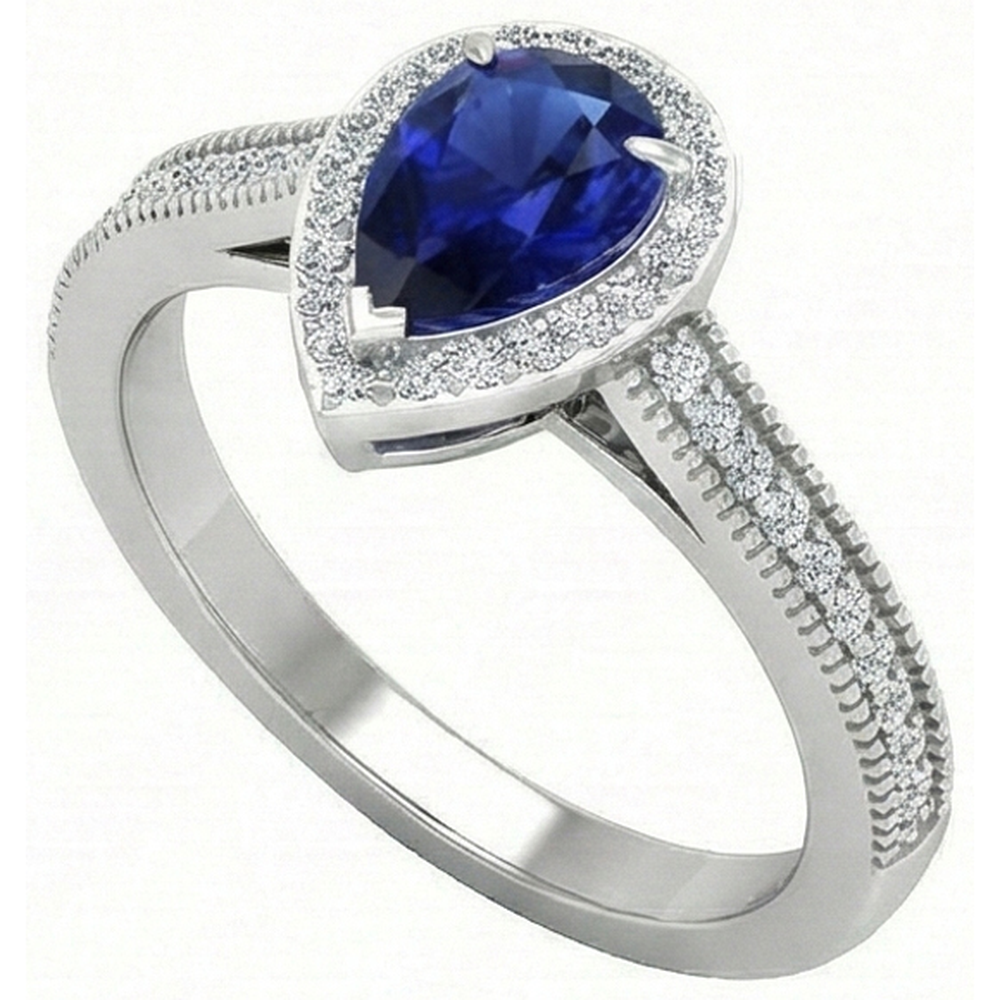 Natural Real ( Not Lab Grown )  Pear Blue Sapphire Ring 2.50 Carats Sparkling Halo Diamonds