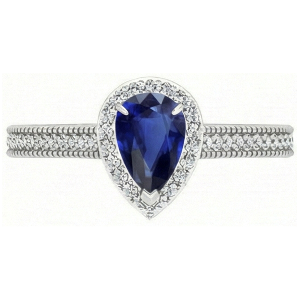 Natural Real ( Not Lab Grown )  Pear Blue Sapphire Ring 2.50 Carats Sparkling Halo Diamonds