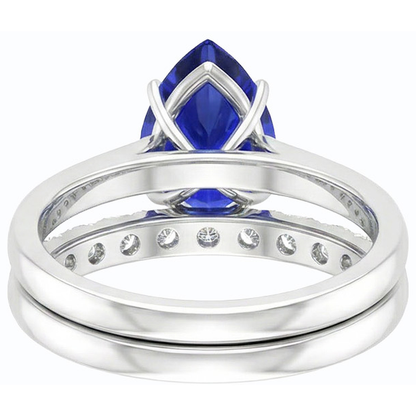 Pear Blue Sapphire Wedding Ring Set White Gold & Natural Earth Mined Diamonds 4.50 Carats