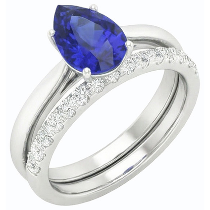 Pear Blue Sapphire Wedding Ring Set White Gold & Natural Earth Mined Diamonds 4.50 Carats