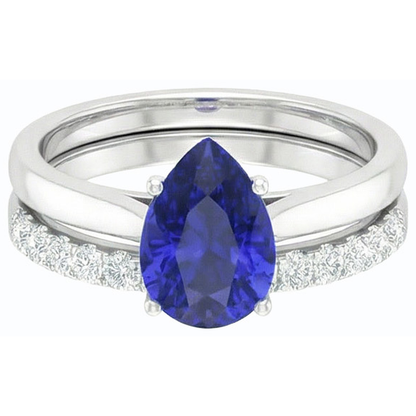 Pear Blue Sapphire Wedding Ring Set White Gold & Natural Earth Mined Diamonds 4.50 Carats