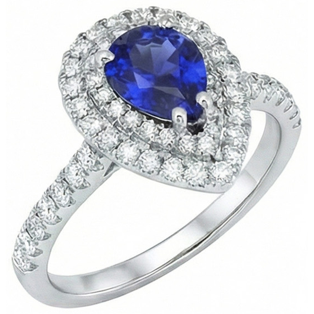 Pear Cut Ceylon Sapphire Natural Earth Mined Diamond Ring White Gold 14K 4 Carats