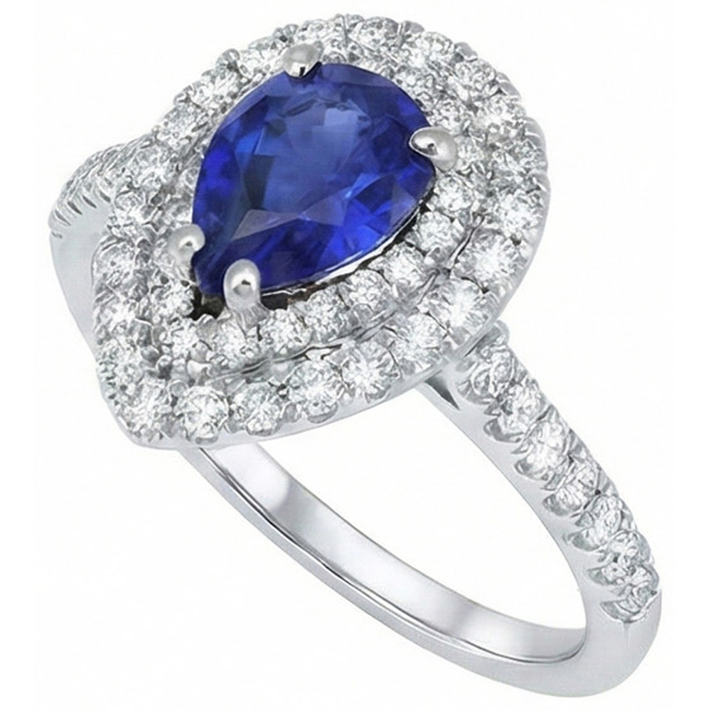 Pear Cut Ceylon Sapphire Natural Earth Mined Diamond Ring White Gold 14K 4 Carats