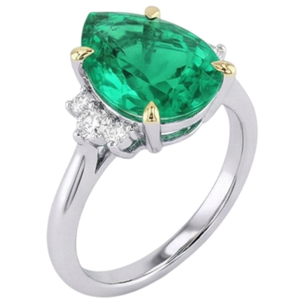 Natural Real ( Not Lab Grown ) Pear Cut Green Emerald GIA And Diamond Ring Wedding Jewelry