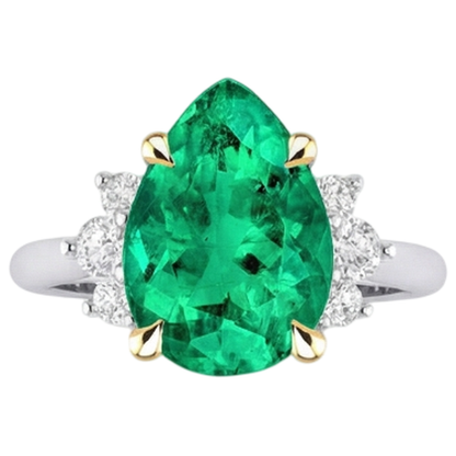 Natural Real ( Not Lab Grown ) Pear Cut Green Emerald GIA And Diamond Ring Wedding Jewelry