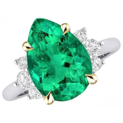 Natural Real ( Not Lab Grown ) Pear Cut Green Emerald GIA And Diamond Ring Wedding Jewelry