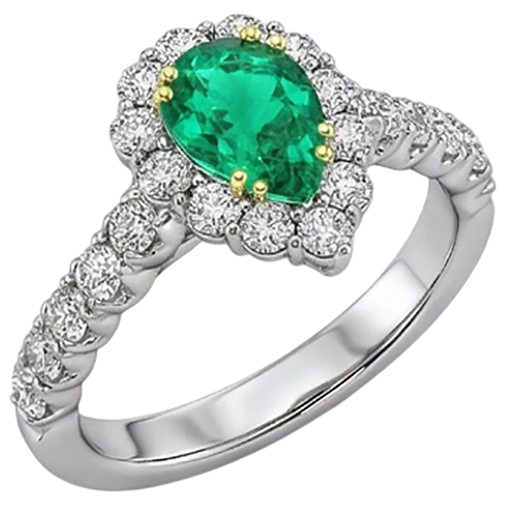 Natural Real ( Not Lab Grown ) Pear Cut Green Emerald GIA Halo Ring Round Diamonds Comfort Fit