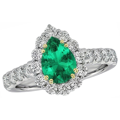 Natural Real ( Not Lab Grown ) Pear Cut Green Emerald GIA Halo Ring Round Diamonds Comfort Fit
