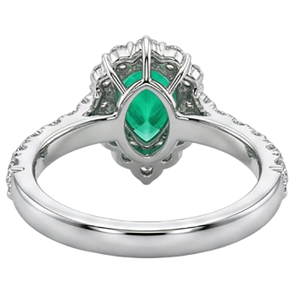 Natural Real ( Not Lab Grown ) Pear Cut Green Emerald GIA Halo Ring Round Diamonds Comfort Fit