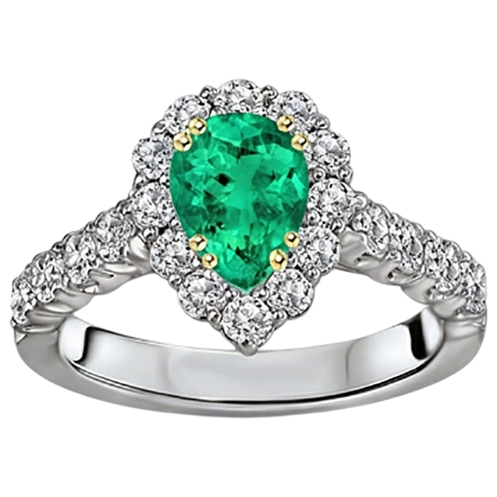 Natural Real ( Not Lab Grown ) Pear Cut Green Emerald GIA Halo Ring Round Diamonds Comfort Fit