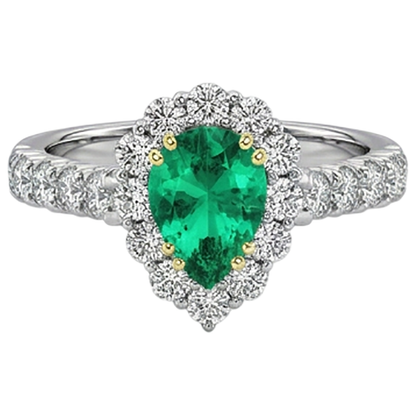 Natural Real ( Not Lab Grown ) Pear Cut Green Emerald GIA Halo Ring Round Diamonds Comfort Fit