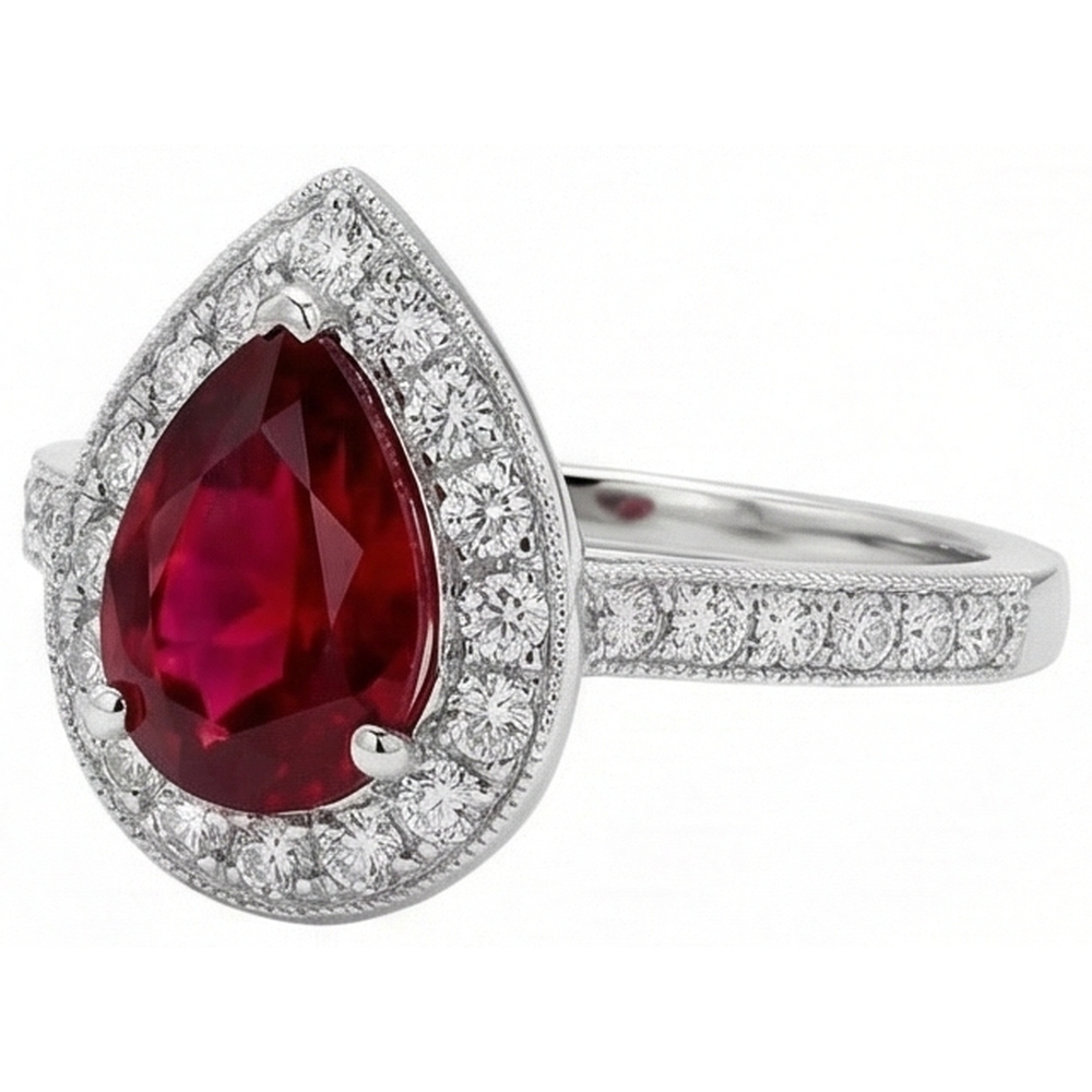 Pear Cut Ruby & Round Natural Earth Mined Diamond 3 Carats Wedding Ring Gold White 14K