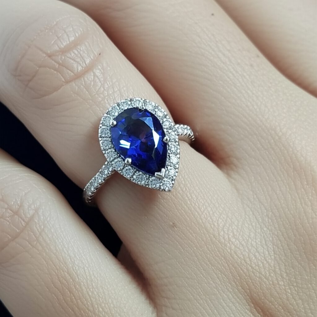 Pear Cut Sapphire And Natural Earth Mined Diamond Ring