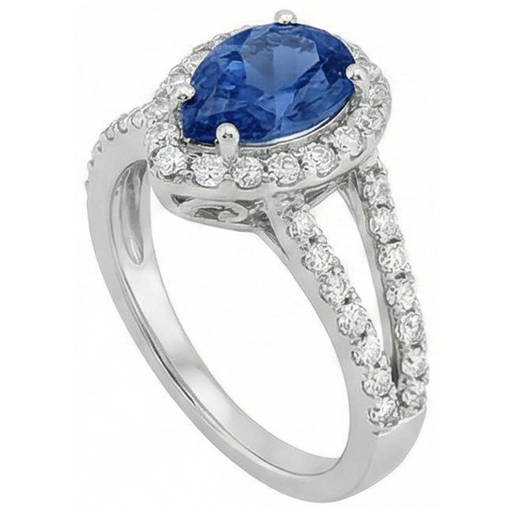 Pear Cut Sri Lankan Sapphire And Round Natural Earth Mined Diamonds 4 Carats Ring