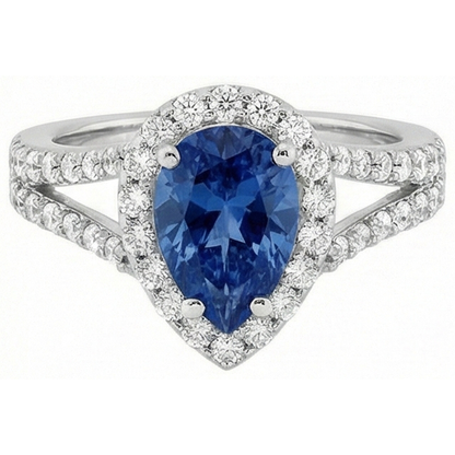 Pear Cut Sri Lankan Sapphire And Round Natural Earth Mined Diamonds 4 Carats Ring
